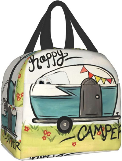 Happy Camper Flamingos ebédtáska, újrafelhasználható, szigetelt hűtőtáska elülső zsebbel, cipzárral, női munkához