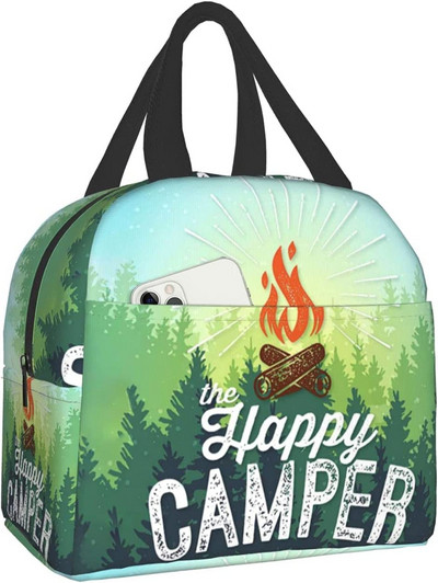 Happy Camper Flamingos ebédtáska, újrafelhasználható, szigetelt hűtőtáska elülső zsebbel, cipzárral, női munkához