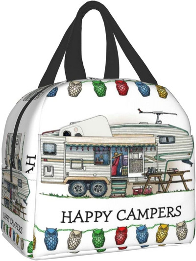 Happy Camper Flamingos ebédtáska, újrafelhasználható, szigetelt hűtőtáska elülső zsebbel, cipzárral, női munkához