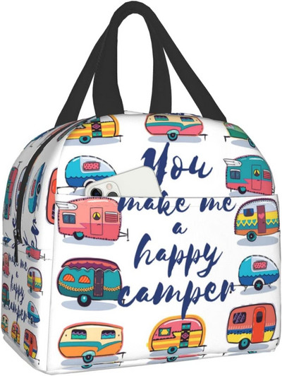 Happy Camper Flamingos ebédtáska, újrafelhasználható, szigetelt hűtőtáska elülső zsebbel, cipzárral, női munkához