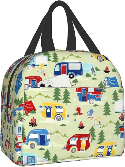 Happy Camper Flamingos ebédtáska, újrafelhasználható, szigetelt hűtőtáska elülső zsebbel, cipzárral, női munkához