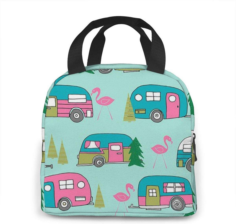 Happy Camper Flamingos ebédtáska, újrafelhasználható, szigetelt hűtőtáska elülső zsebbel, cipzárral, női munkához