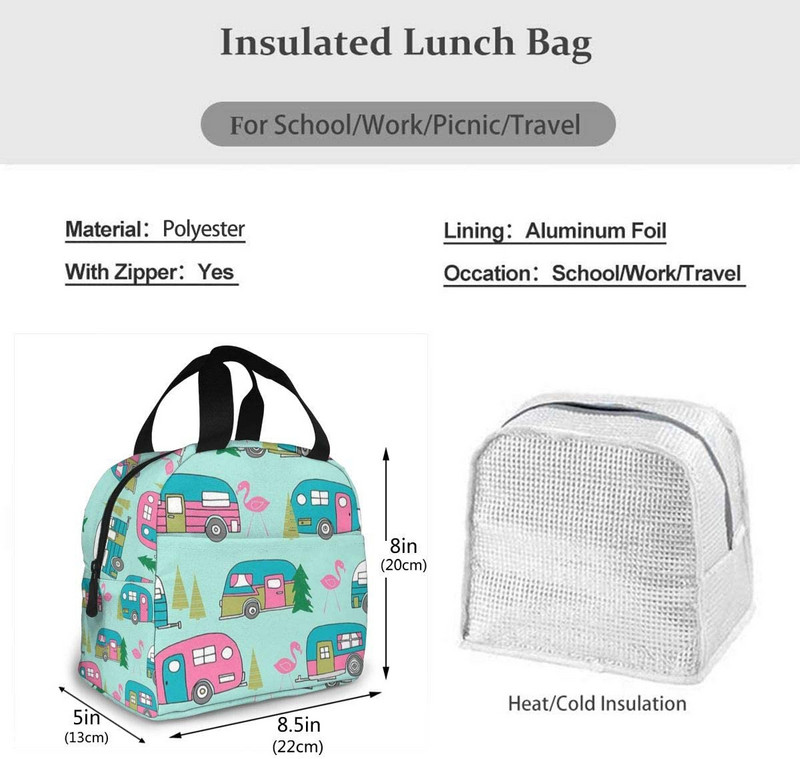 Happy Camper Flamingos ebédtáska, újrafelhasználható, szigetelt hűtőtáska elülső zsebbel, cipzárral, női munkához