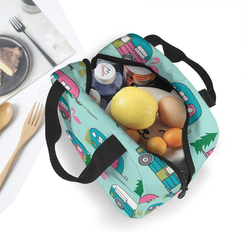 Happy Camper Flamingos ebédtáska, újrafelhasználható, szigetelt hűtőtáska elülső zsebbel, cipzárral, női munkához