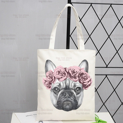 Γυναικείες τσάντες ώμου από καραβόπανο γαλλικό μπουλντόγκ Γυναικείες τσάντες οικολογικές επαναχρησιμοποιούμενες Kawaii Dog Lover Graphic Shopping Bag Vintage Τσάντες Ulzzang