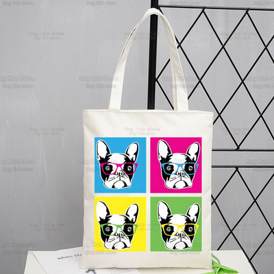 Γυναικείες τσάντες ώμου από καραβόπανο γαλλικό μπουλντόγκ Γυναικείες τσάντες οικολογικές επαναχρησιμοποιούμενες Kawaii Dog Lover Graphic Shopping Bag Vintage Τσάντες Ulzzang