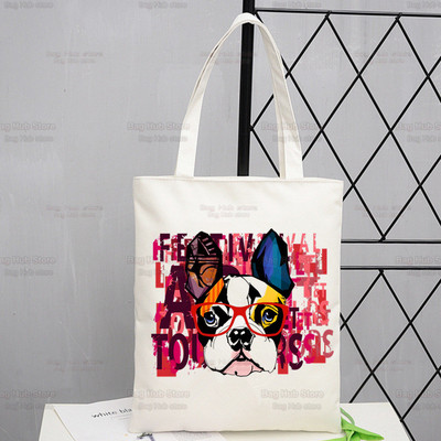 Γυναικείες τσάντες ώμου από καραβόπανο γαλλικό μπουλντόγκ Γυναικείες τσάντες οικολογικές επαναχρησιμοποιούμενες Kawaii Dog Lover Graphic Shopping Bag Vintage Τσάντες Ulzzang