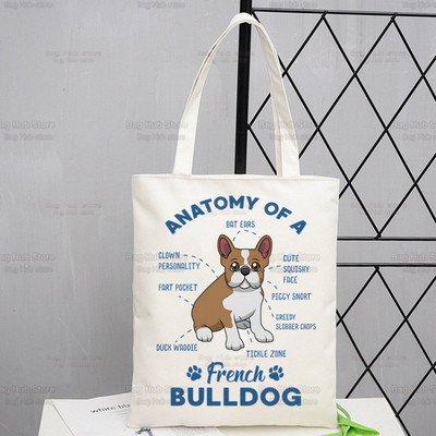 Γυναικείες τσάντες ώμου από καραβόπανο γαλλικό μπουλντόγκ Γυναικείες τσάντες οικολογικές επαναχρησιμοποιούμενες Kawaii Dog Lover Graphic Shopping Bag Vintage Τσάντες Ulzzang
