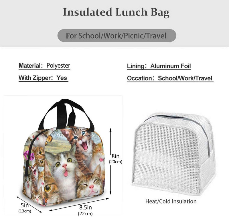 Smiješne slatke mačke, izolirana torba za ručak, prijenosna termalna kutija za hlađenje, višekratna torba za piknik Bento torba za žene, djecu, posao, škola, putovanja
