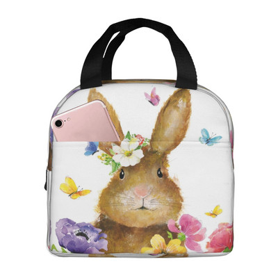 Mielas akvarelinis triušio izoliuotas pietų krepšys mokyklos biuro slaugai nešiojamas terminis aušintuvas pietų dėžutė moterims, vyrams