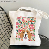Geantă Shopper pentru femei, portret de câine Beagle, cu flori, Geantă Kawaii, Harajuku, pentru cumpărături, geantă pentru cumpărături din pânză, geantă de mână pentru fetiță, geantă de umăr.