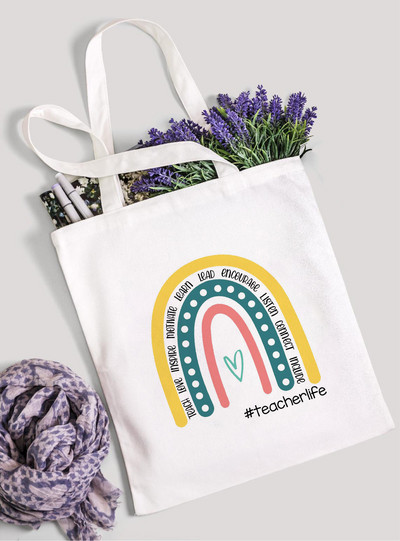 Teach Love Inspire Rainbow Ženska platnena torba za kupnju Teacher Life Višekratna ekološka torba za kupnju Torba za knjige Modni poklon