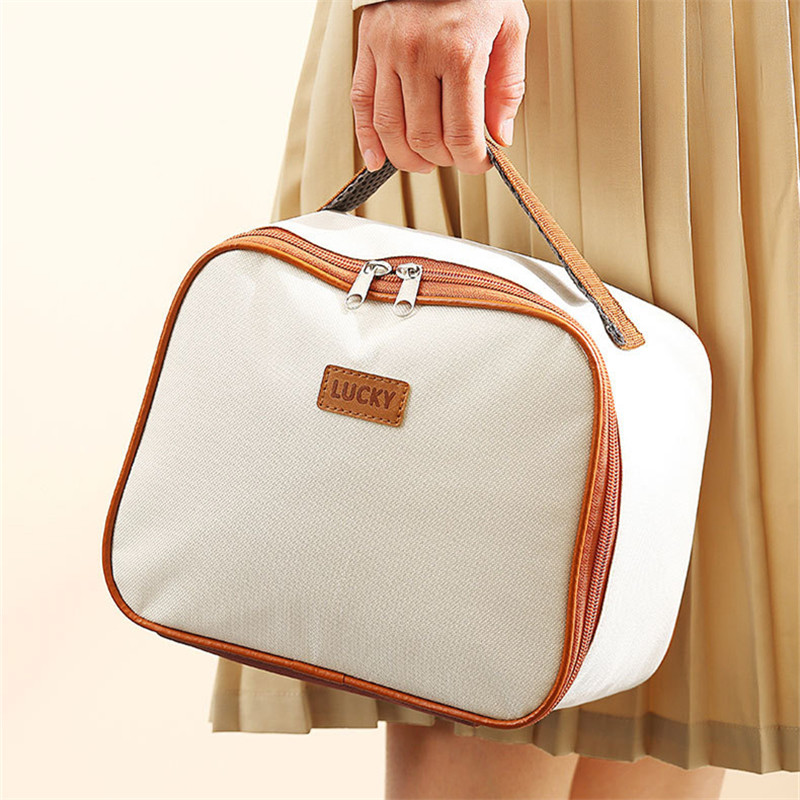 Bēšs kvadrātveida termiski izolēta pusdienu kastes soma Pārnēsājama ceļojumu piknika dzesētāja pārtikas uzglabāšanas tvertne Bento siltā soma sievietēm bērniem