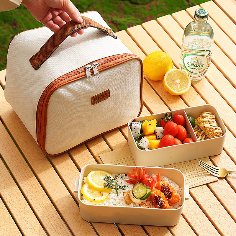 Bēšs kvadrātveida termiski izolēta pusdienu kastes soma Pārnēsājama ceļojumu piknika dzesētāja pārtikas uzglabāšanas tvertne Bento siltā soma sievietēm bērniem