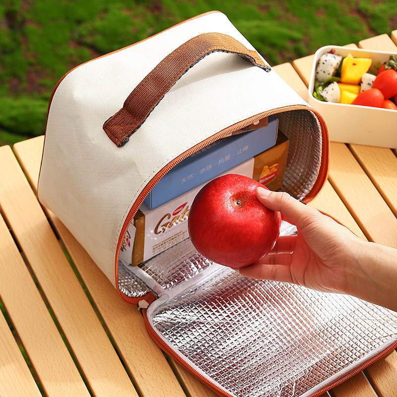 Bēšs kvadrātveida termiski izolēta pusdienu kastes soma Pārnēsājama ceļojumu piknika dzesētāja pārtikas uzglabāšanas tvertne Bento siltā soma sievietēm bērniem