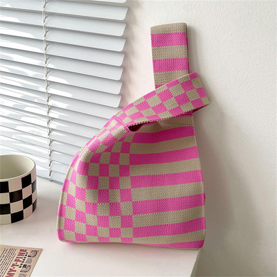 Pletena torba na rame s ružičastim prugama Ručno pletena ljubavna torbica za korejske žene Ležerna mini torba s čvorovima Studentska torba za višekratnu upotrebu