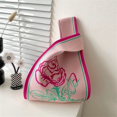 Pletena torba na rame s ružičastim prugama Ručno pletena ljubavna torbica za korejske žene Ležerna mini torba s čvorovima Studentska torba za višekratnu upotrebu