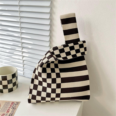 Pletena torba na rame s ružičastim prugama Ručno pletena ljubavna torbica za korejske žene Ležerna mini torba s čvorovima Studentska torba za višekratnu upotrebu