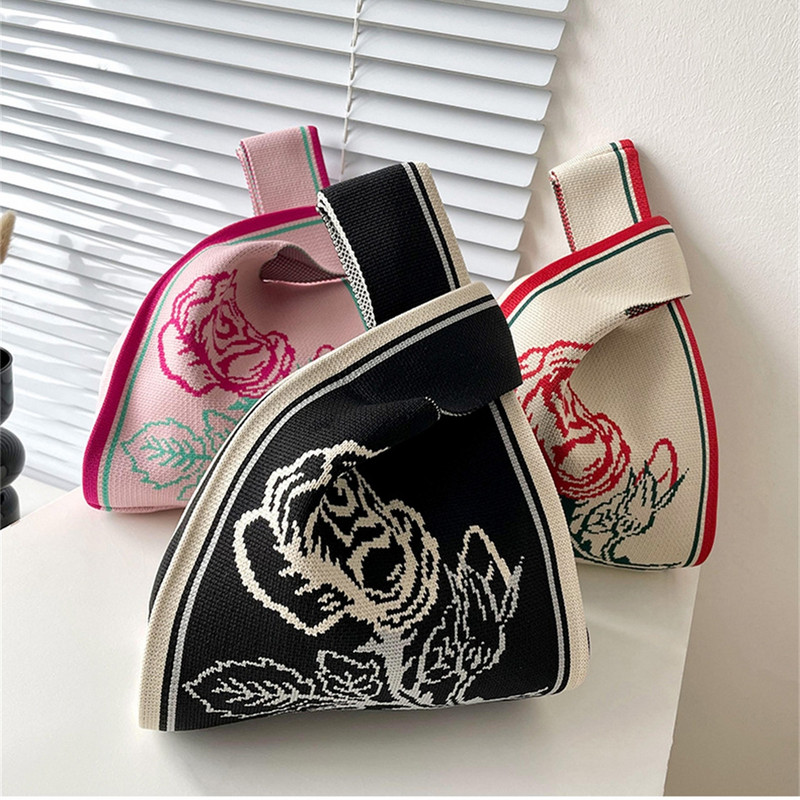 Pletena torba na rame s ružičastim prugama Ručno pletena ljubavna torbica za korejske žene Ležerna mini torba s čvorovima Studentska torba za višekratnu upotrebu