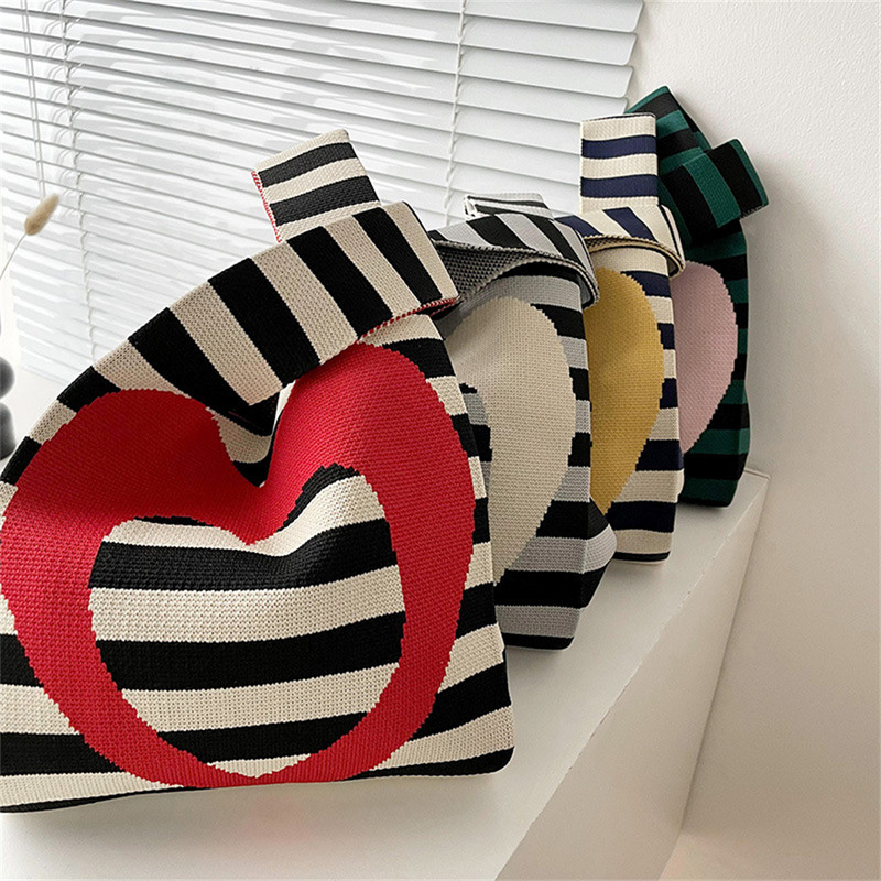 Pletena torba na rame s ružičastim prugama Ručno pletena ljubavna torbica za korejske žene Ležerna mini torba s čvorovima Studentska torba za višekratnu upotrebu