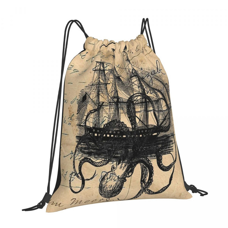 Kraken Attacking Ship On Ledger Drawstring Torbe Ruksaci Školska torba Kawaii torba Mali ruksak Ruksak Torba za pohranu