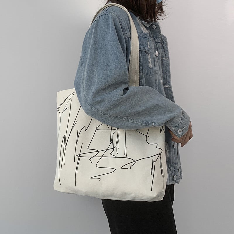 Geantă de umăr simplă pliabilă Genți de cumpărături ecologice din pânză reutilizabile Geantă tote de capacitate mare pentru femei Geantă de mână cu design linie