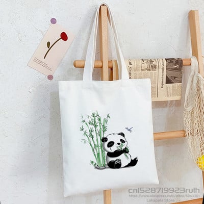 Panda Custom Tote Bag Shopping Girl Animal Cartoon Стилен дизайн Kawaii Черна унисекс туристическа платнена чанта Еко сгъваема чанта за пазаруване