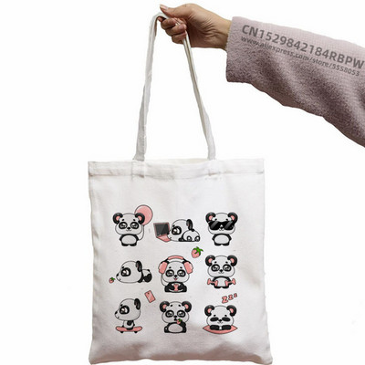 Panda Custom Tote Bag Shopping Girl Animal Cartoon Moderan Kawaii Design Black Unisex putna platnena torba Eko sklopiva shopping torba