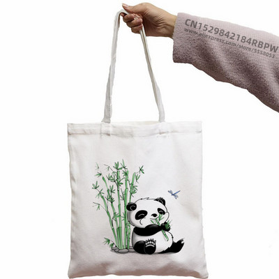 Panda Custom Tote Bag Shopping Girl Animal Cartoon Moderan Kawaii Design Black Unisex putna platnena torba Eko sklopiva shopping torba