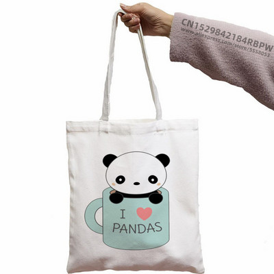 Panda Custom Tote Bag Shopping Girl Animal Cartoon Moderan Kawaii Design Black Unisex putna platnena torba Eko sklopiva shopping torba