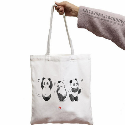 Panda Custom Tote Bag Shopping Girl Animal Cartoon Moderan Kawaii Design Black Unisex putna platnena torba Eko sklopiva shopping torba
