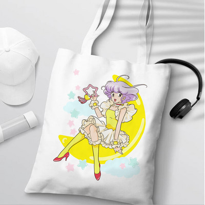 Japoniški anime kreminiai mami pirkinių krepšiai moterims, drobiniai, sulankstomi pirkinių krepšiai.