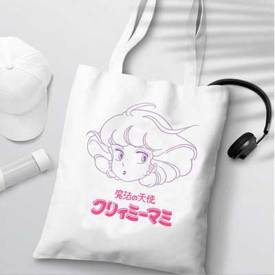 Japoniški anime kreminiai mami pirkinių krepšiai moterims, drobiniai, sulankstomi pirkinių krepšiai.