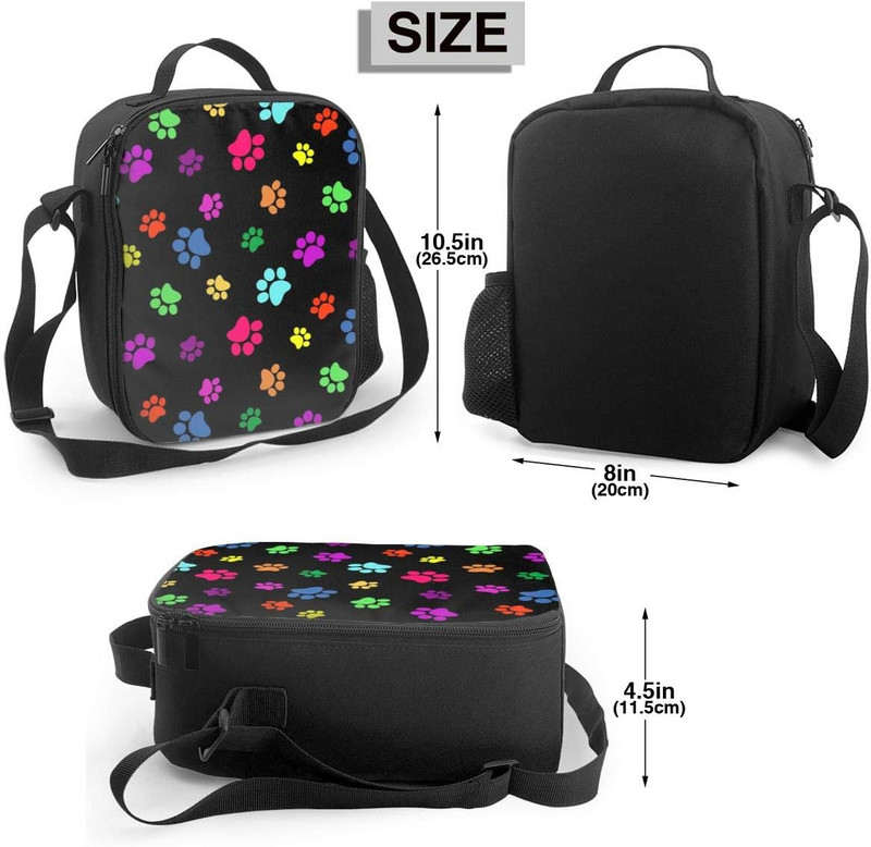 Šarena izolirana torba za ručak s otiskom šape psa, mačke, kutija za ručak za višekratnu upotrebu s držačem za bocu vode i podesivom školjkom za rame