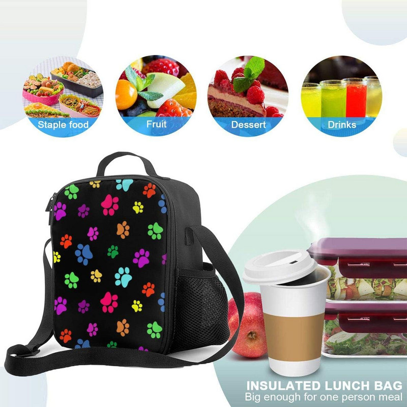 Šarena izolirana torba za ručak s otiskom šape psa, mačke, kutija za ručak za višekratnu upotrebu s držačem za bocu vode i podesivom školjkom za rame