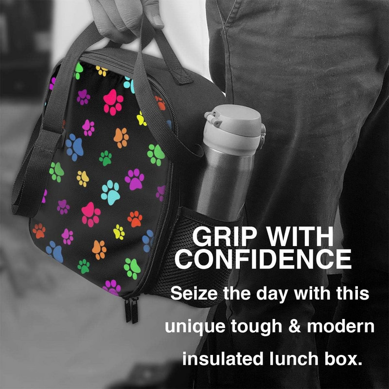 Šarena izolirana torba za ručak s otiskom šape psa, mačke, kutija za ručak za višekratnu upotrebu s držačem za bocu vode i podesivom školjkom za rame