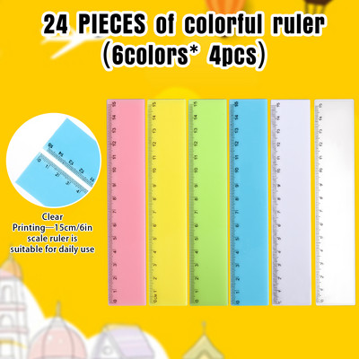 24 бр. Пластмасови линийки, 6-инчова прозрачна права линийка Цветна безопасна линийка 0-15 см Детски училищни линийки
