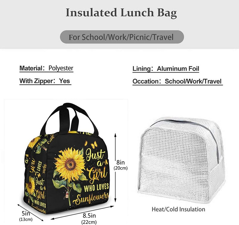 Suncokret izolirana torba za ručak za žene Samo djevojka koja voli suncokrete Kutija za ručak za višekratnu upotrebu Posude za hranu za muškarce Prijenosni hladnjak