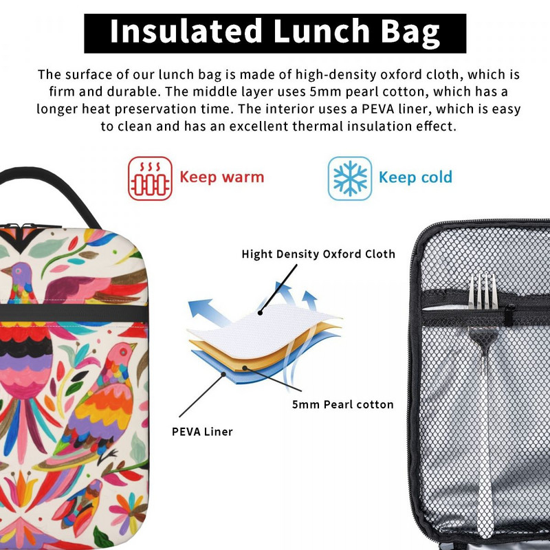 Meksikietiškos „Otomi Birds“ tekstūros termiškai izoliuoti pietų krepšiai moterims Liaudies gėlių menas Daugiafunkcinė maisto dėžutė su kelioniniais pietų krepšiais