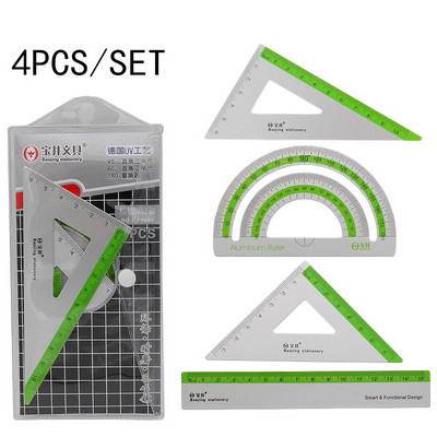 4 gab./Komplekts UV alumīnija sakausējuma lineāls, rasējums, mērījums, ģeometrija, trijstūris, lineāls taisnvirziena transportētājs Dažādi lineāli