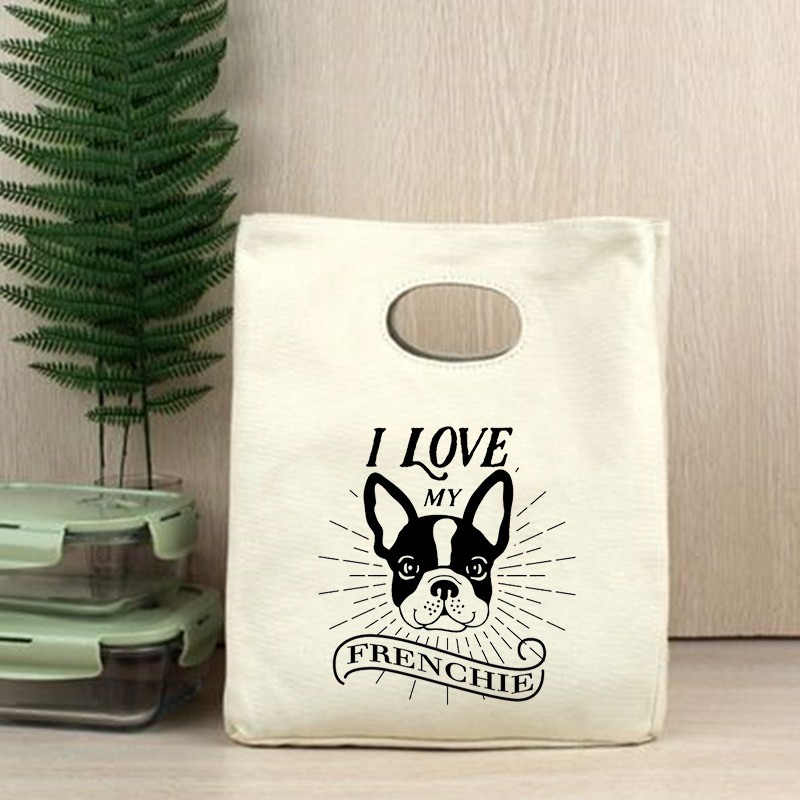 I Love Frenchie Cooler torbe za ručak French Bulldog Bento Box torbe Ženska ručna torba Termalna prijenosna torbica za piknik Putna torbica za skladištenje hrane