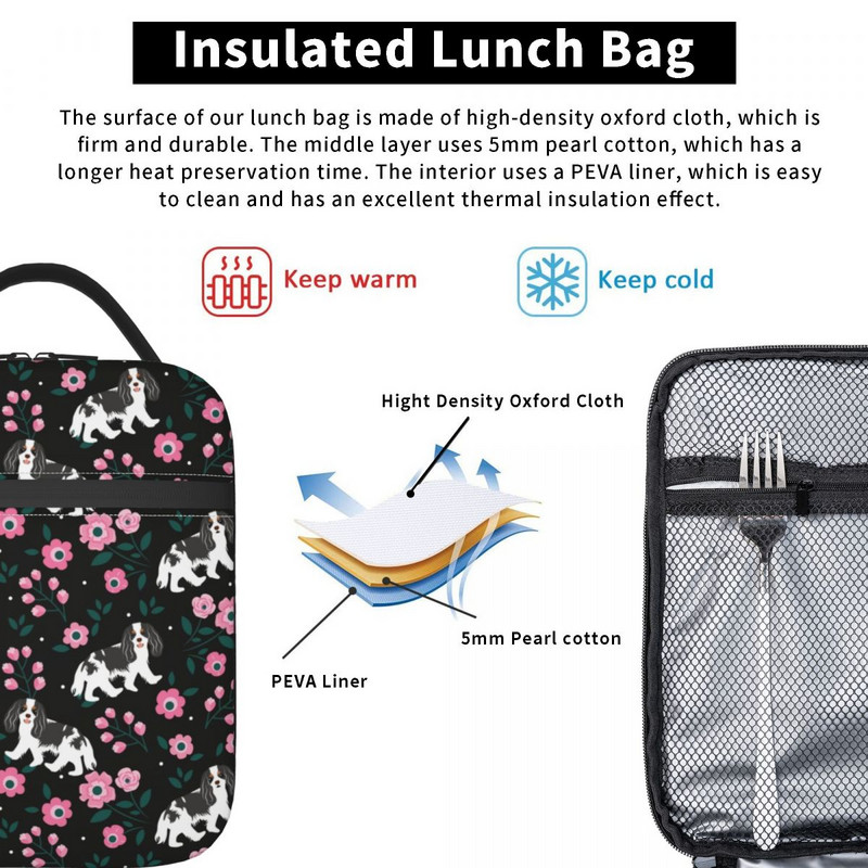 Prilagođena crno-bijela torba za ručak za pse kavalir kralja Charlesa španijela Ženske termoizolirane kutije za ručak za dječju školu