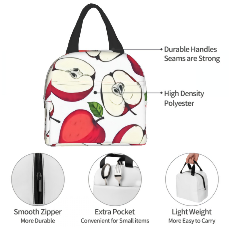 Geantă de prânz izolată cu fructe de mere Cutie de prânz reutilizabilă Prânz Geantă frigorifică cu tema de fructe în acuarelă Cutie de prânz pentru bărbați și femei