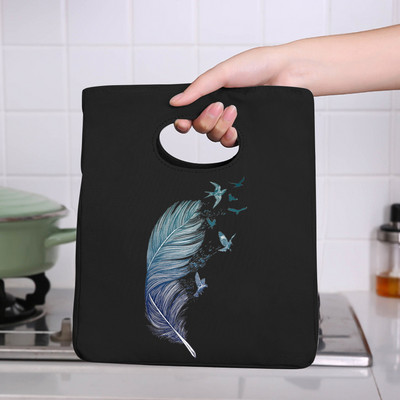 Φορητή τσάντα μεσημεριανού γεύματος μονωμένη τσάντα ψυγείου Θερμική τσάντα για πικ-νικ για γυναίκες κορίτσι Παιδιά Παιδιά τσάντες αποθήκευσης τροφίμων με τυπωμένα πούπουλα