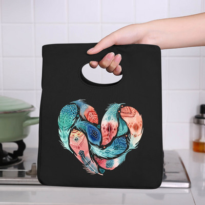 Φορητή τσάντα μεσημεριανού γεύματος μονωμένη τσάντα ψυγείου Θερμική τσάντα για πικ-νικ για γυναίκες κορίτσι Παιδιά Παιδιά τσάντες αποθήκευσης τροφίμων με τυπωμένα πούπουλα