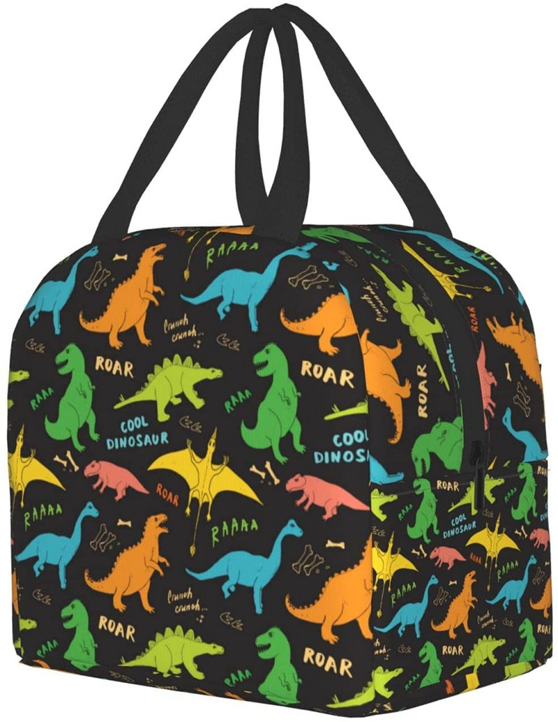 Cutie de prânz colorată cu dinozaur, geantă de prânz termoizolantă reutilizabilă, cutie frigorifică, cu închidere cu fermoar din buzunar frontal pentru femei/bărbați/fete