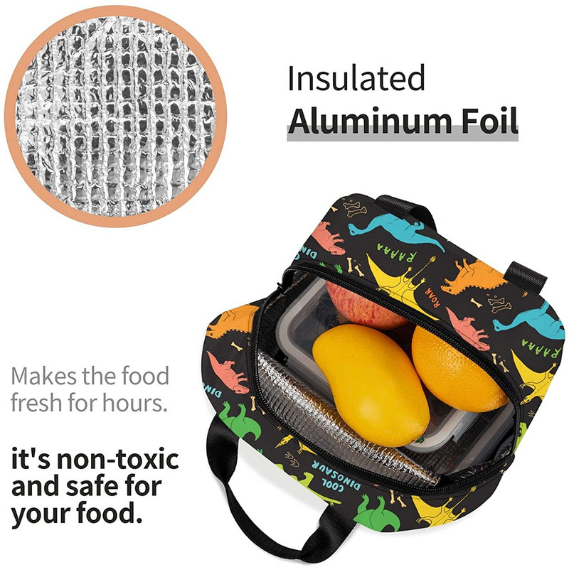 Cutie de prânz colorată cu dinozaur, geantă de prânz termoizolantă reutilizabilă, cutie frigorifică, cu închidere cu fermoar din buzunar frontal pentru femei/bărbați/fete