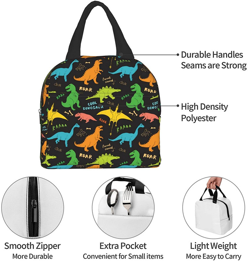 Cutie de prânz colorată cu dinozaur, geantă de prânz termoizolantă reutilizabilă, cutie frigorifică, cu închidere cu fermoar din buzunar frontal pentru femei/bărbați/fete