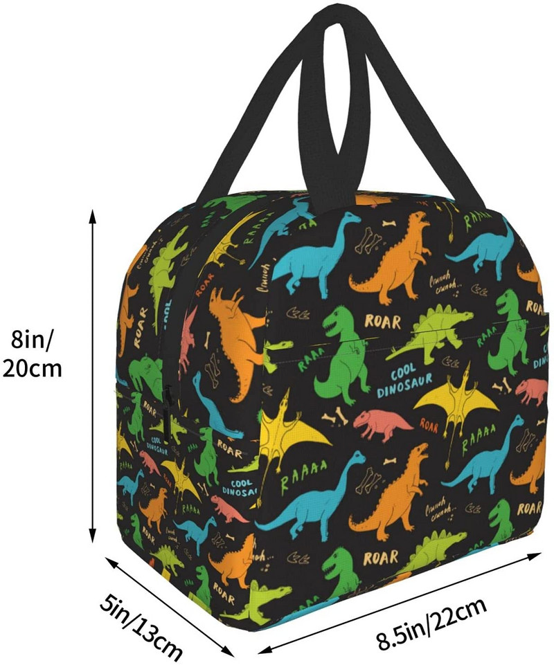 Cutie de prânz colorată cu dinozaur, geantă de prânz termoizolantă reutilizabilă, cutie frigorifică, cu închidere cu fermoar din buzunar frontal pentru femei/bărbați/fete