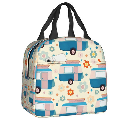 Toplinski izolirana torba za ručak sa svijetlim točkastim tratinčicama, vintage karavanski uzorak, posuda za ručak, kutija za hranu za žene Happy Camper